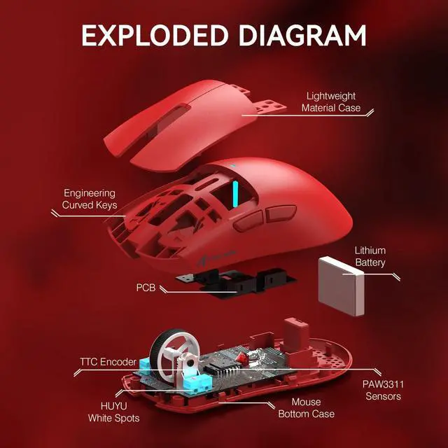 Alt view image 6 of 7 - ATTACK SHARK X11 Wireless Gaming Mouse | PAW3311 Sensor, 22000 DPI, Tri-Mode, Lightweight, RGB Charging Dock, 5 Programmable Buttons Red
