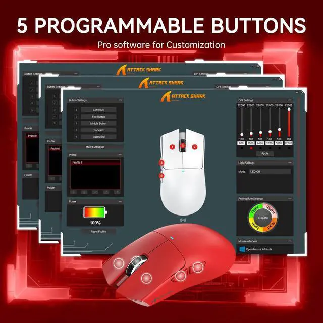 Alt view image 7 of 7 - ATTACK SHARK X11 Wireless Gaming Mouse | PAW3311 Sensor, 22000 DPI, Tri-Mode, Lightweight, RGB Charging Dock, 5 Programmable Buttons Red