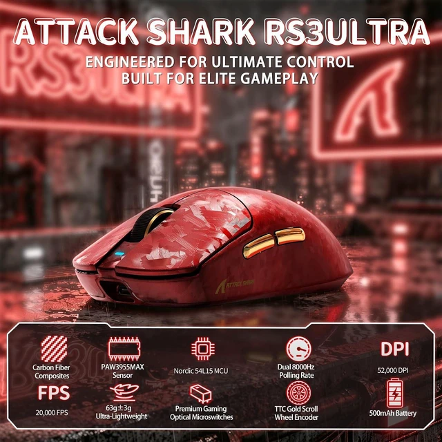 Alt view image 2 of 7 - ATTACK SHARK RS3 UlTRA Carbon Fiber Wireless Gaming Mouse | PAW3955MAX Sensor, 52000 DPI, Dual 8K Polling Rate, Nordic 54L15 MCU, 100M Optical Switches, Web Driver Red