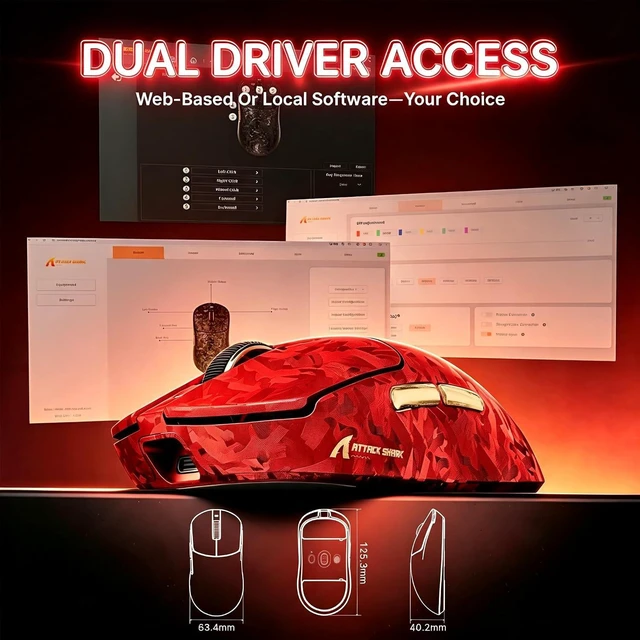 Alt view image 7 of 7 - ATTACK SHARK RS3 UlTRA Carbon Fiber Wireless Gaming Mouse | PAW3955MAX Sensor, 52000 DPI, Dual 8K Polling Rate, Nordic 54L15 MCU, 100M Optical Switches, Web Driver Red
