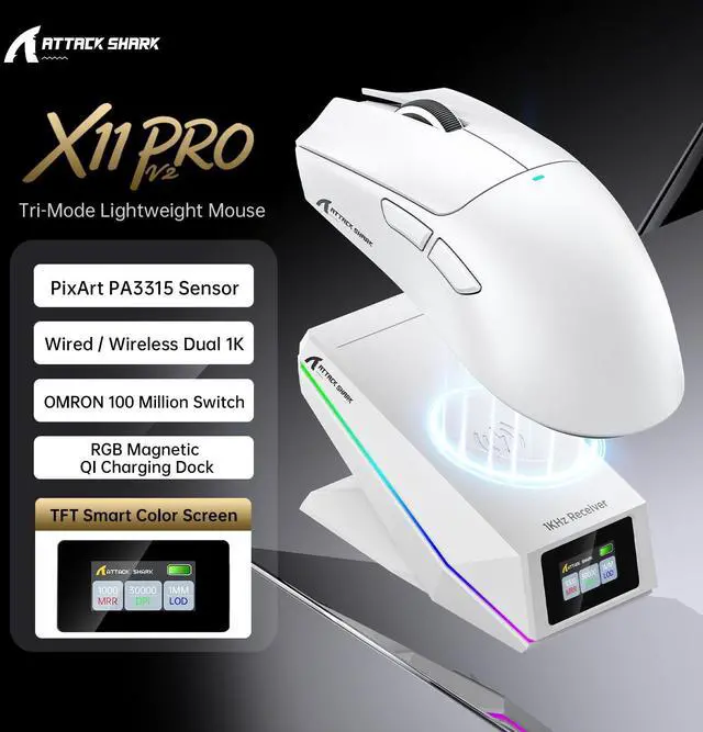 Alt view image 2 of 6 - ATTACK SHARK X11 PRO V2 Tri-Mode Wireless Gaming Mouse with Magnetic RGB TFT Display Charging Dock, 66g Ultra-Lightweight, PAW3315 Sensor, 30000 DPI, 1000Hz Polling, Programmable for PC & Mac