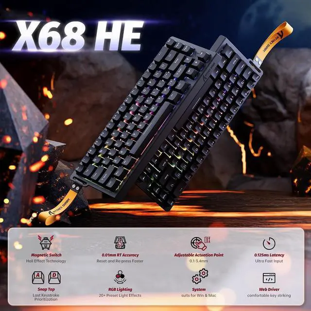 Alt view image 2 of 7 - ATTACK SHARK X68 HE RT 60% Wired Magnetic Gaming Keyboard Black, Hall Effect Switch, Adjustable Actuation, 8KHz Polling Rate, RGB Top Mount, Web Driver for PC Mac Esports Gamers
