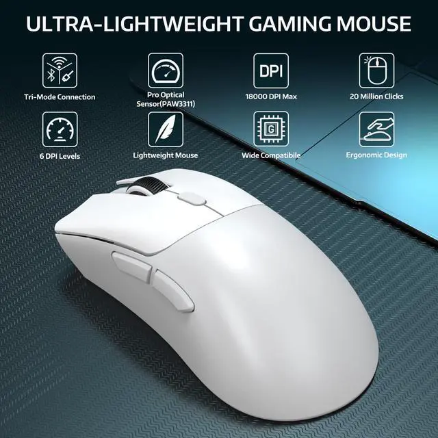 Alt view image 2 of 7 - ATTACK SHARK R1 Tri-Mode Wireless Gaming Mouse, 2.4G/Wired/Bluetooth 5.2, 55g Ultra Lightweight, 18K DPI, HUYU 20M Clicks, Ergonomic for PC, Laptop, Windows Mac