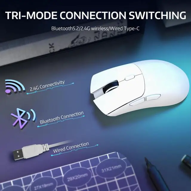 Alt view image 3 of 7 - ATTACK SHARK R1 Tri-Mode Wireless Gaming Mouse, 2.4G/Wired/Bluetooth 5.2, 55g Ultra Lightweight, 18K DPI, HUYU 20M Clicks, Ergonomic for PC, Laptop, Windows Mac