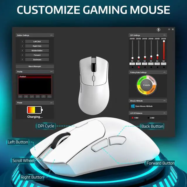 Alt view image 5 of 7 - ATTACK SHARK R1 Tri-Mode Wireless Gaming Mouse, 2.4G/Wired/Bluetooth 5.2, 55g Ultra Lightweight, 18K DPI, HUYU 20M Clicks, Ergonomic for PC, Laptop, Windows Mac
