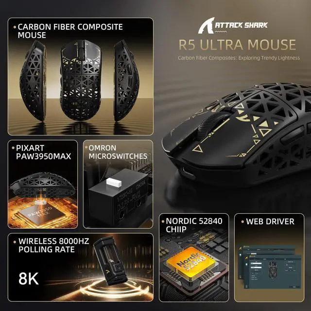 Alt view image 3 of 7 - ATTACK SHARK R5 Ultra 8K Carbon Fiber Wireless Gaming Mouse, 39g Ultra-Light, PixArt PAW3950 MAX, Nordic 52840, 42000 DPI, Tri-Mode Wired/Bluetooth/2.4GHz Programmable Mouse for PC & Mac