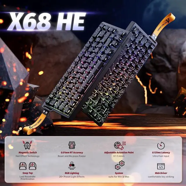 Alt view image 2 of 7 - ATTACK SHARK X68 HE RT 60% Wired Magnetic Gaming Keyboard Black, Hall Effect Switch, Adjustable Actuation, 8KHz Polling Rate, RGB Top Mount, Web Driver for PC Mac Esports Gamers Black Contour