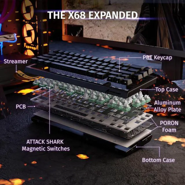 Alt view image 7 of 7 - ATTACK SHARK X68 HE RT 60% Wired Magnetic Gaming Keyboard Black, Hall Effect Switch, Adjustable Actuation, 8KHz Polling Rate, RGB Top Mount, Web Driver for PC Mac Esports Gamers Black Contour