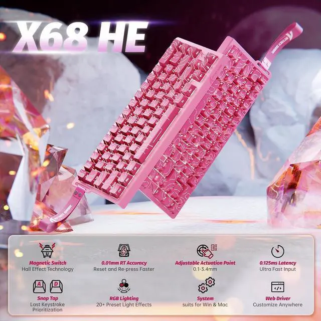 Alt view image 2 of 6 - ATTACK SHARK X68 HE RT 60% Wired Magnetic Gaming Keyboard Black, Hall Effect Switch, Adjustable Actuation, 8KHz Polling Rate, RGB Top Mount, Web Driver for PC Mac Esports Gamers Rose Contour