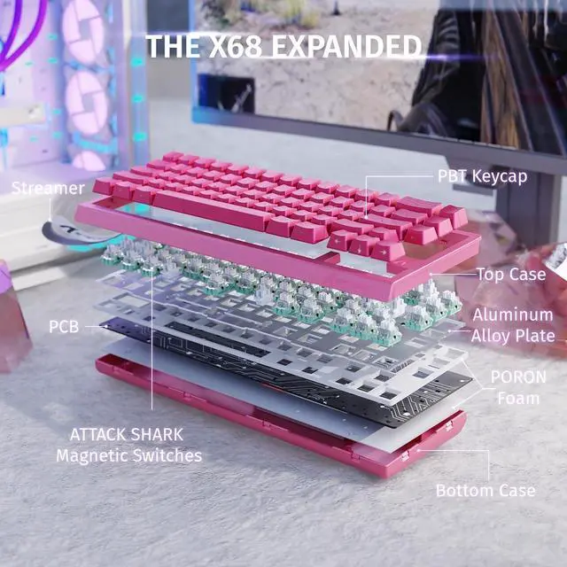 Alt view image 6 of 6 - ATTACK SHARK X68 HE RT 60% Wired Magnetic Gaming Keyboard Black, Hall Effect Switch, Adjustable Actuation, 8KHz Polling Rate, RGB Top Mount, Web Driver for PC Mac Esports Gamers Rose Contour