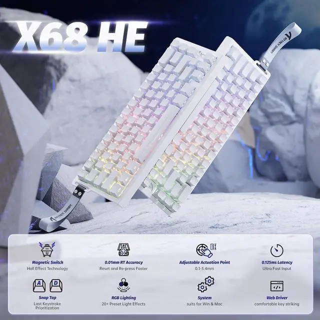 Alt view image 2 of 6 - ATTACK SHARK X68 HE RT 60% Wired Magnetic Gaming Keyboard Black, Hall Effect Switch, Adjustable Actuation, 8KHz Polling Rate, RGB Top Mount, Web Driver for PC Mac Esports Gamers White Contour