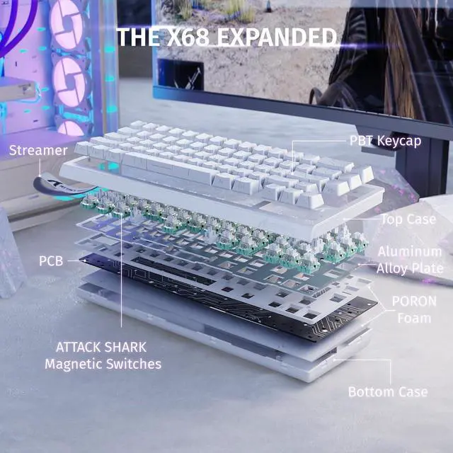Alt view image 6 of 6 - ATTACK SHARK X68 HE RT 60% Wired Magnetic Gaming Keyboard Black, Hall Effect Switch, Adjustable Actuation, 8KHz Polling Rate, RGB Top Mount, Web Driver for PC Mac Esports Gamers White Contour