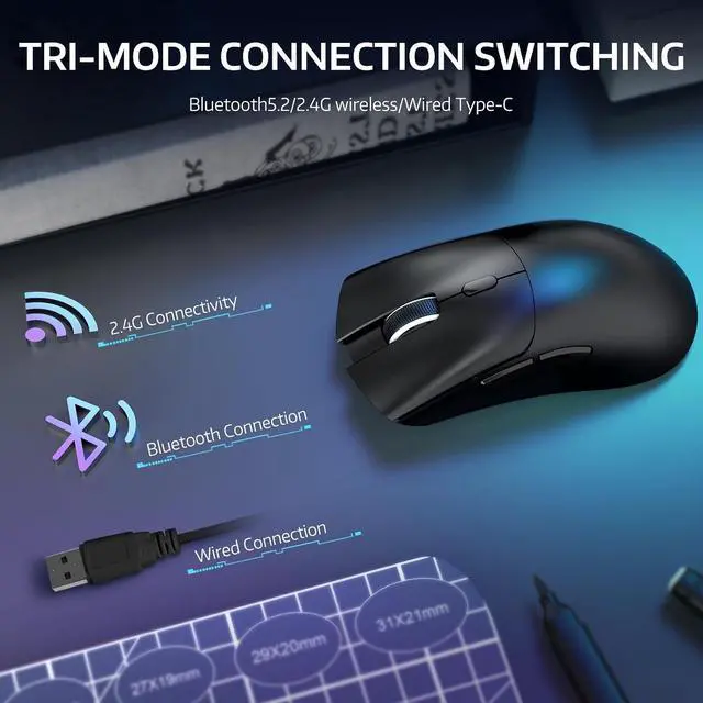 Alt view image 3 of 7 - ATTACK SHARK R1 Tri-Mode Wireless Gaming Mouse, 2.4G/Wired/Bluetooth 5.2, 55g Ultra Lightweight, 18K DPI, HUYU 20M Clicks, Ergonomic for PC, Laptop, Windows Mac Black