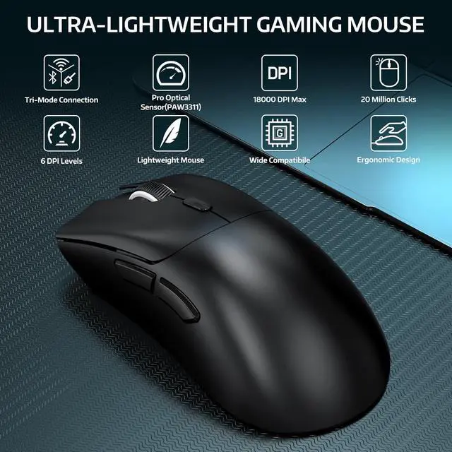 Alt view image 2 of 7 - ATTACK SHARK R1 Tri-Mode Wireless Gaming Mouse, 2.4G/Wired/Bluetooth 5.2, 55g Ultra Lightweight, 18K DPI, HUYU 20M Clicks, Ergonomic for PC, Laptop, Windows Mac Black