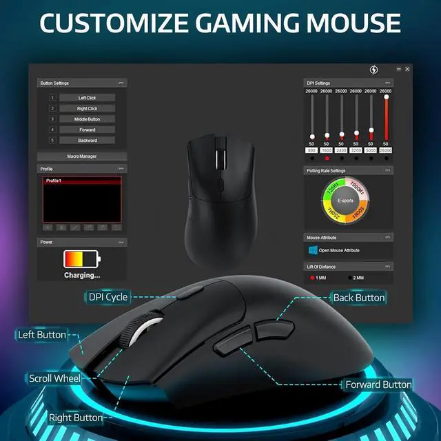 Alt view image 7 of 7 - ATTACK SHARK R1 Tri-Mode Wireless Gaming Mouse, 2.4G/Wired/Bluetooth 5.2, 55g Ultra Lightweight, 18K DPI, HUYU 20M Clicks, Ergonomic for PC, Laptop, Windows Mac Black
