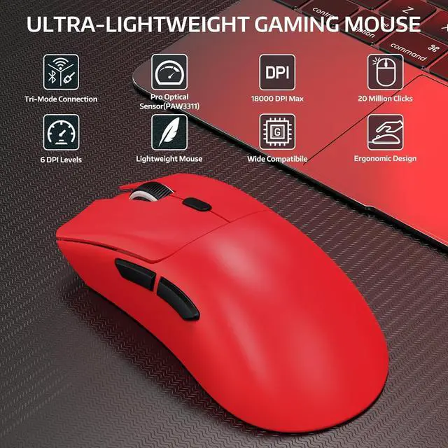 Alt view image 2 of 7 - ATTACK SHARK R1 Tri-Mode Wireless Gaming Mouse, 2.4G/Wired/Bluetooth 5.2, 55g Ultra Lightweight, 18K DPI, HUYU 20M Clicks, Ergonomic for PC, Laptop, Windows Mac Red