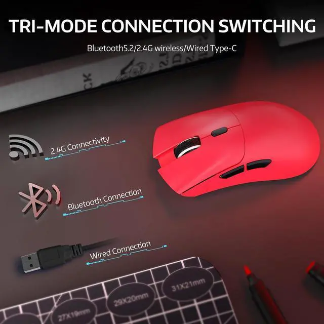 Alt view image 3 of 7 - ATTACK SHARK R1 Tri-Mode Wireless Gaming Mouse, 2.4G/Wired/Bluetooth 5.2, 55g Ultra Lightweight, 18K DPI, HUYU 20M Clicks, Ergonomic for PC, Laptop, Windows Mac Red