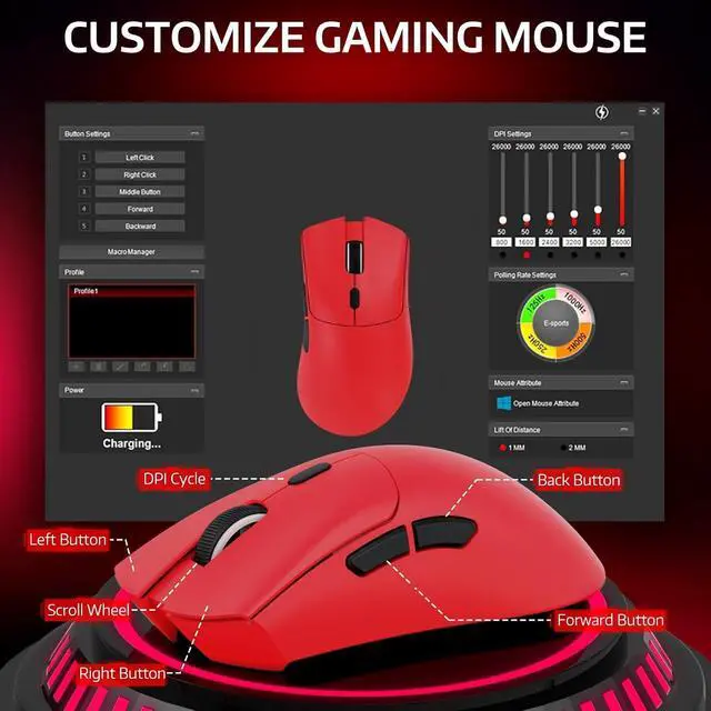 Alt view image 5 of 7 - ATTACK SHARK R1 Tri-Mode Wireless Gaming Mouse, 2.4G/Wired/Bluetooth 5.2, 55g Ultra Lightweight, 18K DPI, HUYU 20M Clicks, Ergonomic for PC, Laptop, Windows Mac Red