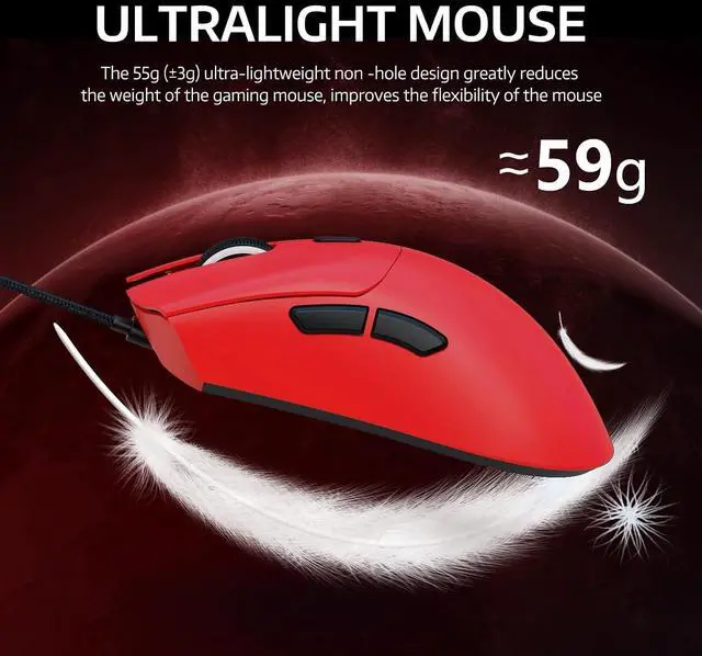 Alt view image 6 of 7 - ATTACK SHARK R1 Tri-Mode Wireless Gaming Mouse, 2.4G/Wired/Bluetooth 5.2, 55g Ultra Lightweight, 18K DPI, HUYU 20M Clicks, Ergonomic for PC, Laptop, Windows Mac Red