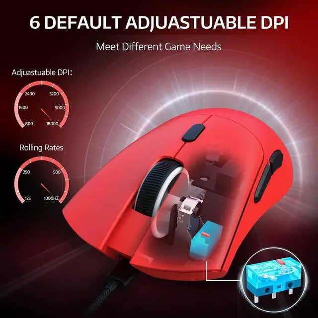 Alt view image 7 of 7 - ATTACK SHARK R1 Tri-Mode Wireless Gaming Mouse, 2.4G/Wired/Bluetooth 5.2, 55g Ultra Lightweight, 18K DPI, HUYU 20M Clicks, Ergonomic for PC, Laptop, Windows Mac Red