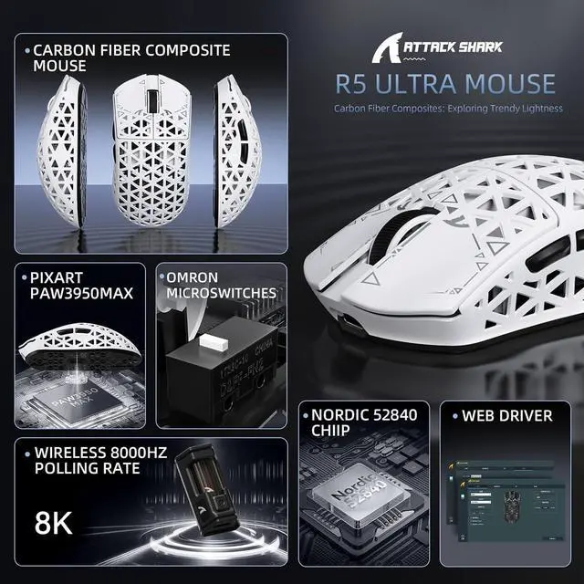 Alt view image 3 of 7 - ATTACK SHARK R5 Ultra 8K Carbon Fiber Wireless Gaming Mouse, 39g Ultra-Light, PixArt PAW3950 MAX, Nordic 52840, 42000 DPI, Tri-Mode Wired/Bluetooth/2.4GHz Programmable Mouse for PC & Mac White