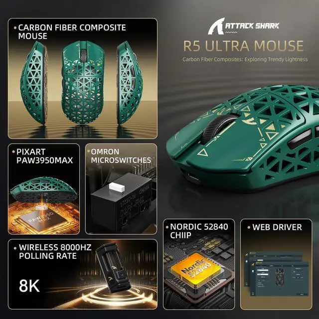 Alt view image 2 of 7 - ATTACK SHARK R5 Ultra 8K Carbon Fiber Wireless Gaming Mouse, 39g Ultra-Light, PixArt PAW3950 MAX, Nordic 52840, 42000 DPI, Tri-Mode Wired/Bluetooth/2.4GHz Programmable Mouse for PC & Mac Green