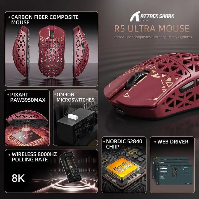 Alt view image 2 of 7 - ATTACK SHARK R5 Ultra 8K Carbon Fiber Wireless Gaming Mouse, 39g Ultra-Light, PixArt PAW3950 MAX, Nordic 52840, 42000 DPI, Tri-Mode Wired/Bluetooth/2.4GHz Programmable Mouse for PC & Mac Red