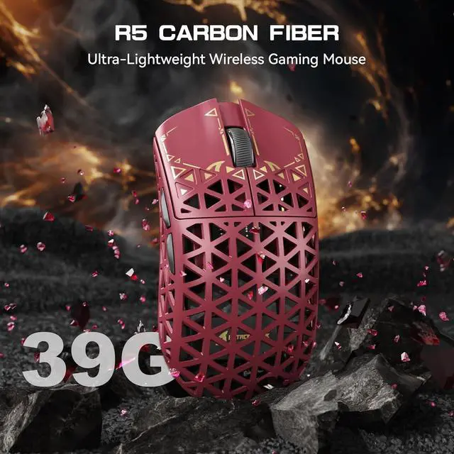 Alt view image 3 of 7 - ATTACK SHARK R5 Ultra 8K Carbon Fiber Wireless Gaming Mouse, 39g Ultra-Light, PixArt PAW3950 MAX, Nordic 52840, 42000 DPI, Tri-Mode Wired/Bluetooth/2.4GHz Programmable Mouse for PC & Mac Red