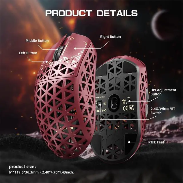 Alt view image 4 of 7 - ATTACK SHARK R5 Ultra 8K Carbon Fiber Wireless Gaming Mouse, 39g Ultra-Light, PixArt PAW3950 MAX, Nordic 52840, 42000 DPI, Tri-Mode Wired/Bluetooth/2.4GHz Programmable Mouse for PC & Mac Red