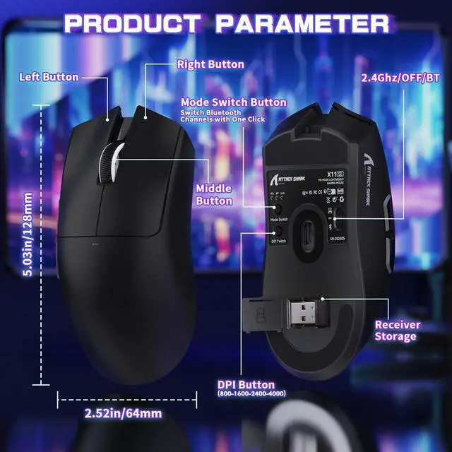 Alt view image 7 of 7 - ATTACK SHARK X11SE Ultra-Light Wireless Gaming Mouse | Tri-Mode BT5.2 / 2.4G / Type-C Wired, PixArt PAW3311 Sensor, 22K DPI, 5 Programmable Buttons, Gaming Mouse for PC Laptop Mac