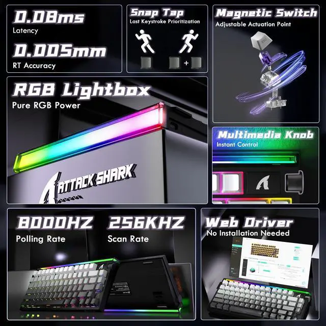 Alt view image 2 of 7 - ATTACK SHARK R85 HE Wired 75% RT RGB Gaming Keyboard, 8K Polling, 0.005mm Accuracy, 0.08ms Latency, 256K Scan, Hall Effect Magnetic Switches, 5-Layer Sound Dampening, Software for PC & Mac