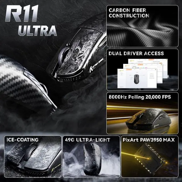 Alt view image 6 of 7 - ATTACK SHARK R11 Ultra 8K Wireless Gaming Mouse, Carbon Fiber Shell, PAW3950MAX 42K DPI, 49g Superlight Tri-Mode Ergonomic Mouse
