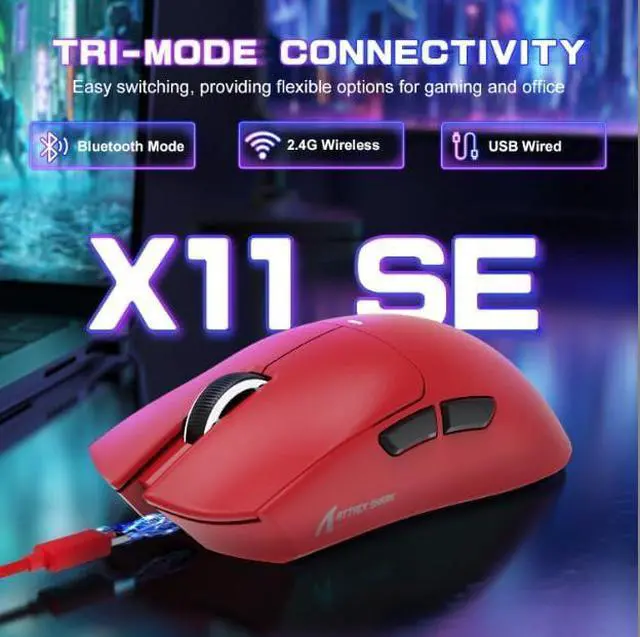 Alt view image 2 of 7 - ATTACK SHARK X11SE Ultra-Light Wireless Gaming Mouse | Tri-Mode BT5.2 / 2.4G / Type-C Wired, PixArt PAW3311 Sensor, 22K DPI, 5 Programmable Buttons, Gaming Mouse for PC Laptop Mac Red
