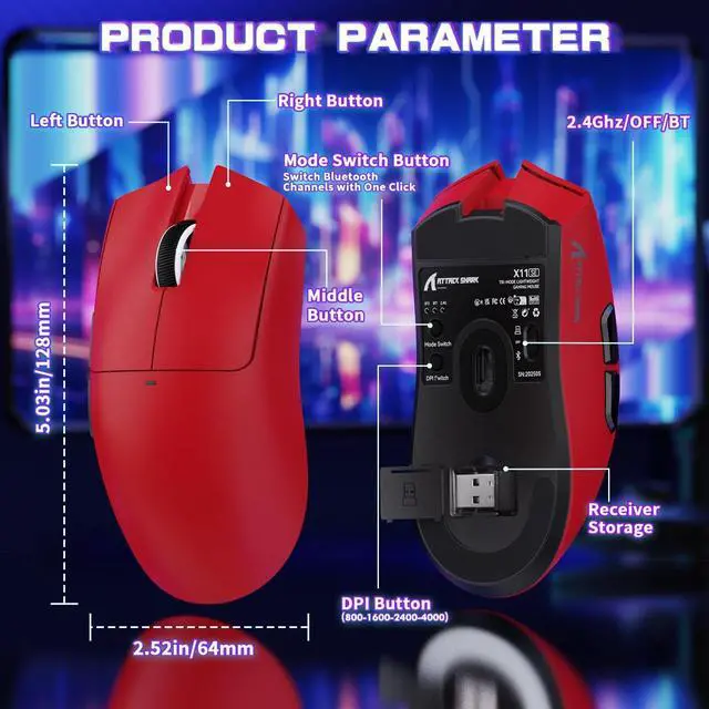 Alt view image 7 of 7 - ATTACK SHARK X11SE Ultra-Light Wireless Gaming Mouse | Tri-Mode BT5.2 / 2.4G / Type-C Wired, PixArt PAW3311 Sensor, 22K DPI, 5 Programmable Buttons, Gaming Mouse for PC Laptop Mac Red