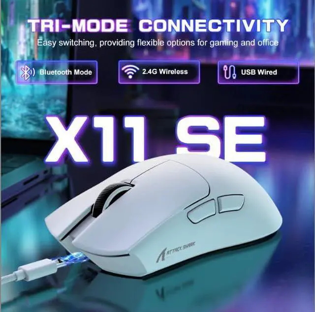 Alt view image 2 of 7 - ATTACK SHARK X11SE Ultra-Light Wireless Gaming Mouse | Tri-Mode BT5.2 / 2.4G / Type-C Wired, PixArt PAW3311 Sensor, 22K DPI, 5 Programmable Buttons, Gaming Mouse for PC Laptop Mac White