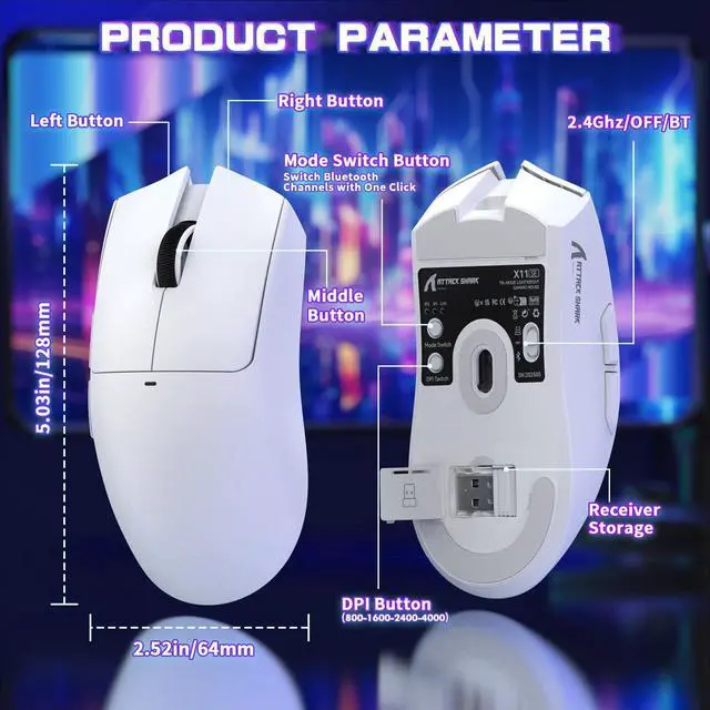 Alt view image 7 of 7 - ATTACK SHARK X11SE Ultra-Light Wireless Gaming Mouse | Tri-Mode BT5.2 / 2.4G / Type-C Wired, PixArt PAW3311 Sensor, 22K DPI, 5 Programmable Buttons, Gaming Mouse for PC Laptop Mac White