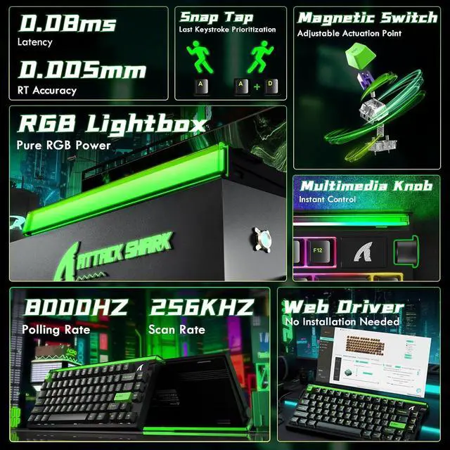 Alt view image 2 of 7 - ATTACK SHARK R85 HE Wired 75% RT RGB Gaming Keyboard, 8K Polling, 0.005mm Accuracy, 0.08ms Latency, 256K Scan, Hall Effect Magnetic Switches, 5-Layer Sound Dampening, Software for PC & Mac Black Green