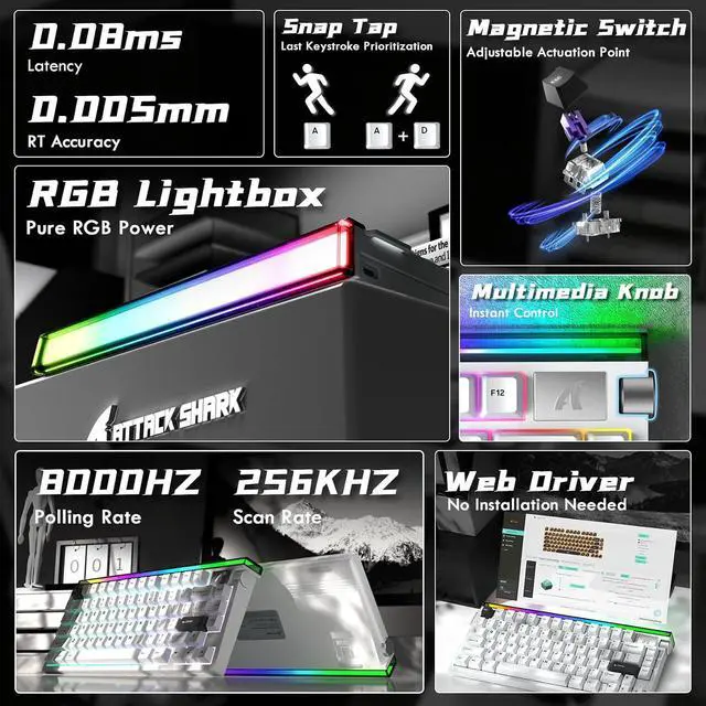 Alt view image 2 of 7 - ATTACK SHARK R85 HE Wired 75% RT RGB Gaming Keyboard, 8K Polling, 0.005mm Accuracy, 0.08ms Latency, 256K Scan, Hall Effect Magnetic Switches, 5-Layer Sound Dampening, Software for PC & Mac Star White