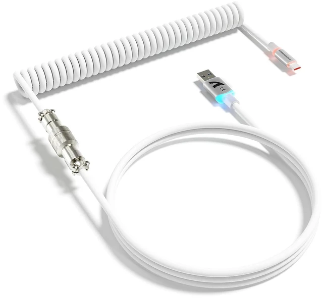 Main image of ATTACK SHARK C01ULTRA Coiled USB-C Cable, Transparent Double TPU Sleeve, RGB Metal Aviator Connector, Type-C to USB-A for Mechanical Keyboard, Gaming & Devices White