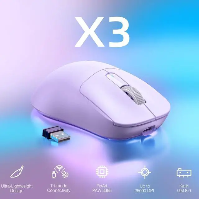 Alt view image 2 of 7 - ATTACK SHARK X3 Lightweight Tri-Mode Wireless Gaming Mouse, 2.4G Bluetooth USB-C Wired, PAW3395 Sensor, 26K DPI, Kailh GM8.0 Switch, 5 Programmable Buttons for PC & Mac White Purple