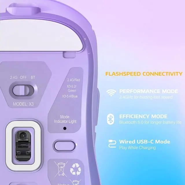 Alt view image 3 of 7 - ATTACK SHARK X3 Lightweight Tri-Mode Wireless Gaming Mouse, 2.4G Bluetooth USB-C Wired, PAW3395 Sensor, 26K DPI, Kailh GM8.0 Switch, 5 Programmable Buttons for PC & Mac White Purple