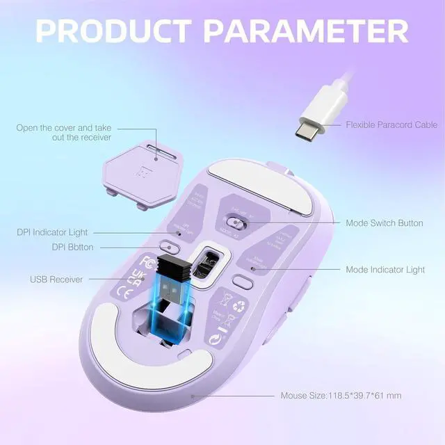 Alt view image 7 of 7 - ATTACK SHARK X3 Lightweight Tri-Mode Wireless Gaming Mouse, 2.4G Bluetooth USB-C Wired, PAW3395 Sensor, 26K DPI, Kailh GM8.0 Switch, 5 Programmable Buttons for PC & Mac White Purple