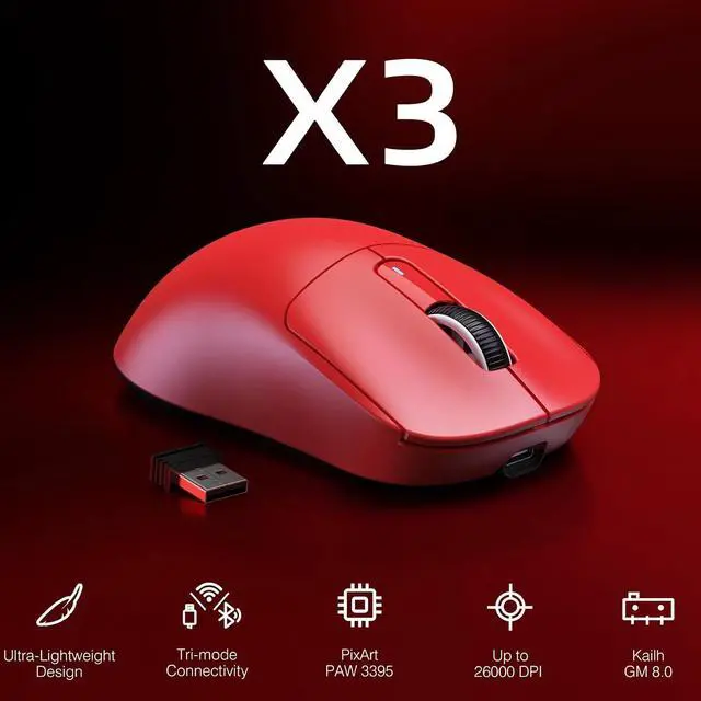 Alt view image 2 of 7 - ATTACK SHARK X3 Lightweight Tri-Mode Wireless Gaming Mouse, 2.4G Bluetooth USB-C Wired, PAW3395 Sensor, 26K DPI, Kailh GM8.0 Switch, 5 Programmable Buttons for PC & Mac White Red