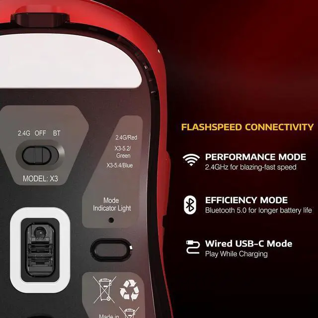 Alt view image 3 of 7 - ATTACK SHARK X3 Lightweight Tri-Mode Wireless Gaming Mouse, 2.4G Bluetooth USB-C Wired, PAW3395 Sensor, 26K DPI, Kailh GM8.0 Switch, 5 Programmable Buttons for PC & Mac White Red