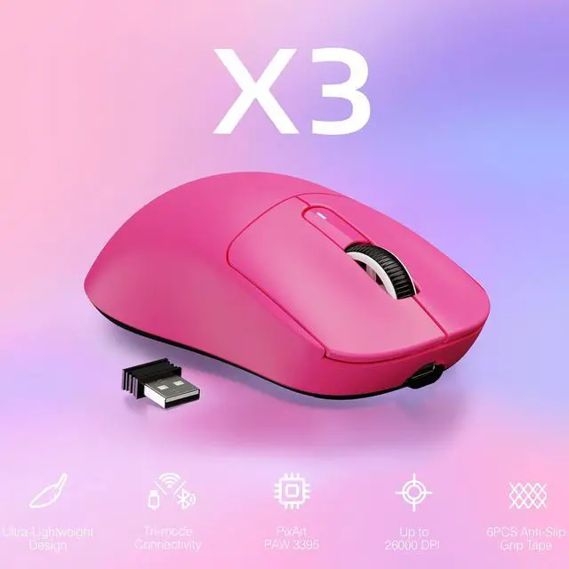 Alt view image 2 of 7 - ATTACK SHARK X3 Lightweight Tri-Mode Wireless Gaming Mouse, 2.4G Bluetooth USB-C Wired, PAW3395 Sensor, 26K DPI, Kailh GM8.0 Switch, 5 Programmable Buttons for PC & Mac White Berry Red