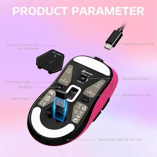 Alt view image 7 of 7 - ATTACK SHARK X3 Lightweight Tri-Mode Wireless Gaming Mouse, 2.4G Bluetooth USB-C Wired, PAW3395 Sensor, 26K DPI, Kailh GM8.0 Switch, 5 Programmable Buttons for PC & Mac White Berry Red