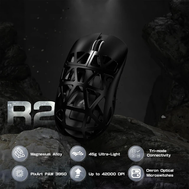 Alt view image 2 of 7 - R2 Ultra Light Magnesium Alloy Gaming Mouse, PAW3950 42K DPI, 8KHz HyperSpeed Wireless, Zero-Debounce Optical Switches, Tri-Mode Wired/Bluetooth/2.4G Ergonomic Esports Mouse