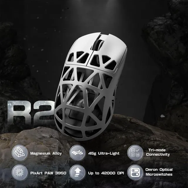 Alt view image 2 of 7 - R2 Ultra Light Magnesium Alloy Gaming Mouse, PAW3950 42K DPI, 8KHz HyperSpeed Wireless, Zero-Debounce Optical Switches, Tri-Mode Wired/Bluetooth/2.4G Ergonomic Esports Mouse White