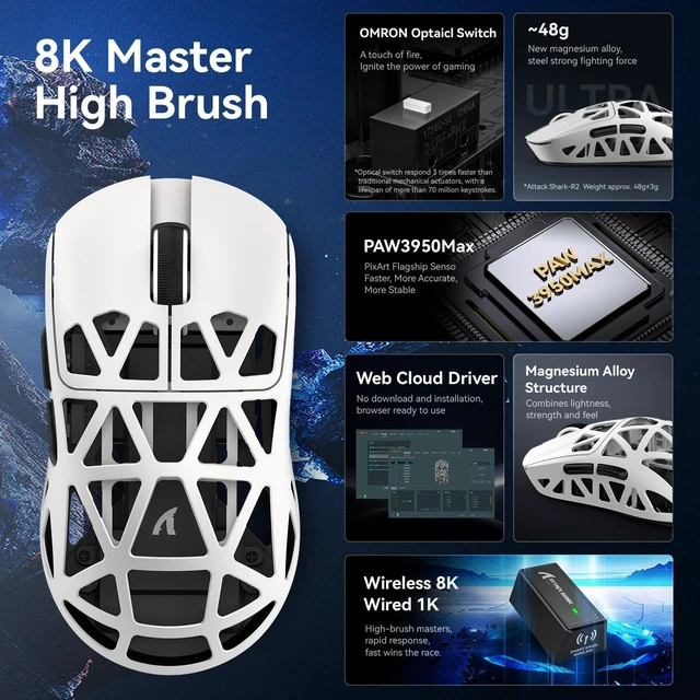 Alt view image 3 of 7 - R2 Ultra Light Magnesium Alloy Gaming Mouse, PAW3950 42K DPI, 8KHz HyperSpeed Wireless, Zero-Debounce Optical Switches, Tri-Mode Wired/Bluetooth/2.4G Ergonomic Esports Mouse White