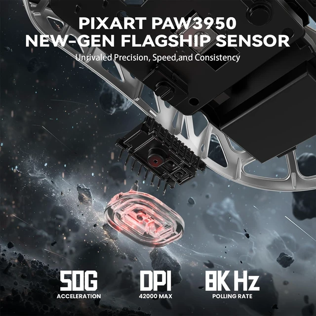 Alt view image 4 of 7 - R2 Ultra Light Magnesium Alloy Gaming Mouse, PAW3950 42K DPI, 8KHz HyperSpeed Wireless, Zero-Debounce Optical Switches, Tri-Mode Wired/Bluetooth/2.4G Ergonomic Esports Mouse White